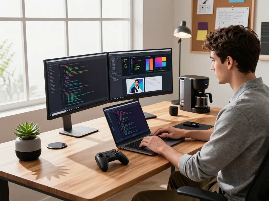 Must have tech gadgets displayed in a modern workspace, featuring a programmer engaged with dual monitors and Bluetooth devices.
