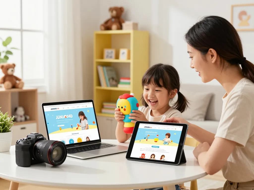 Family enjoying a vibrant shopping moment with JUNIOR4D products in a bright room.