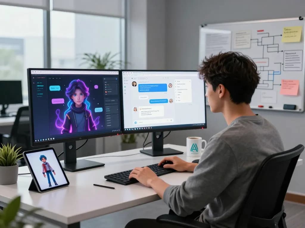 Immersive workspace with a developer creating AI characters for crushonai, featuring dual monitors and interactive designs.