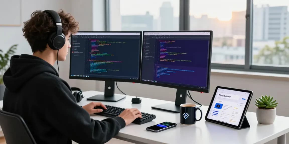 Young developer using a proxy browser in a modern tech workspace.