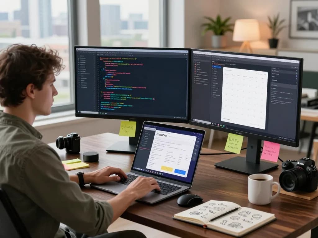Dynamic workspace with developer using Clawdbot AI for task management amidst coding environment.
