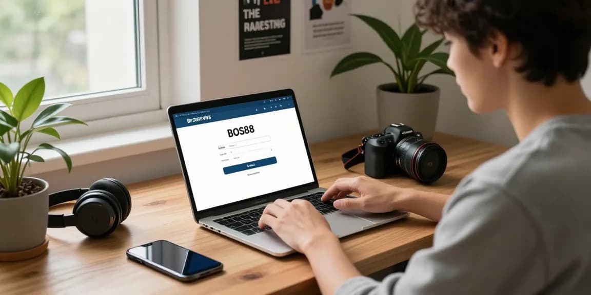 Aksi login di BOS88 dengan pengguna muda di ruang kerja modern yang nyaman.