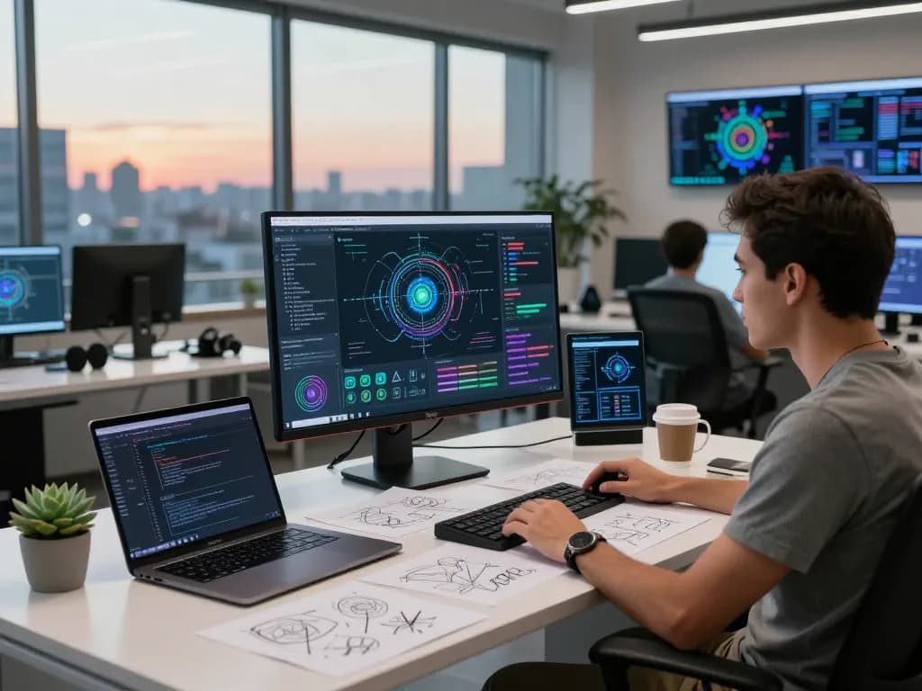 Digital workspace with researcher analyzing nsfw ai data, vibrant atmosphere.