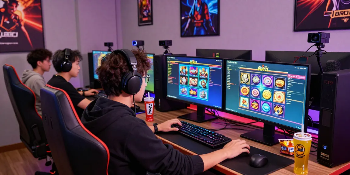 Bermain game slot online di nusabhakti.com, seseorang menikmati pengalaman gaming dengan peralatan modern dan suasana ceria.