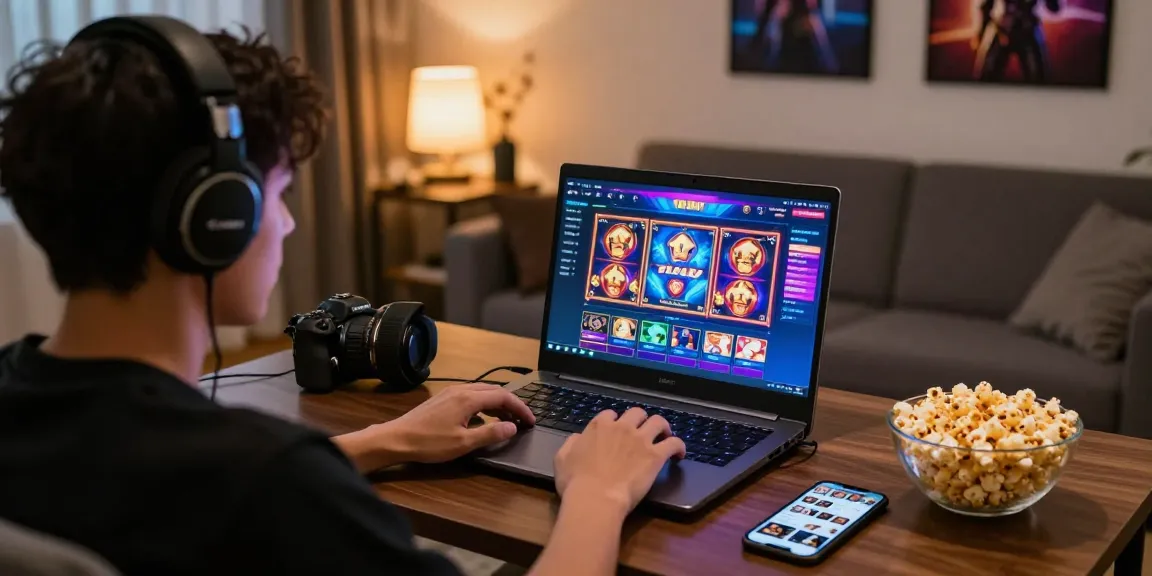 Engaged player enjoying situs slot games on a gaming laptop in a cozy room