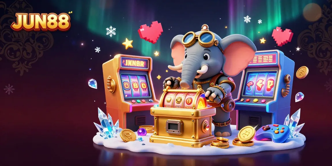 Enhance your luck at JUN88 with a vibrant 3D illustration of a steampunk elephant and colorful slot machines.
