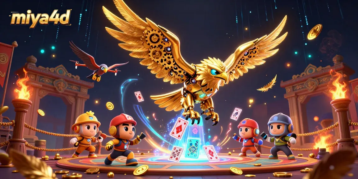Miya4d showcases a stunning 3D illustration of a cybernetic eagle surrounded by vibrant gambling elements.