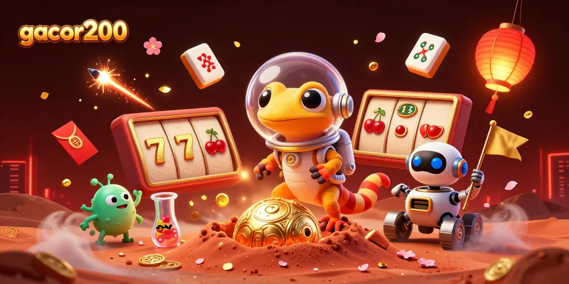 Gacor200 merayakan kemenangan dengan permainan slot yang menggiurkan dan kasino emas di latar belakang.
