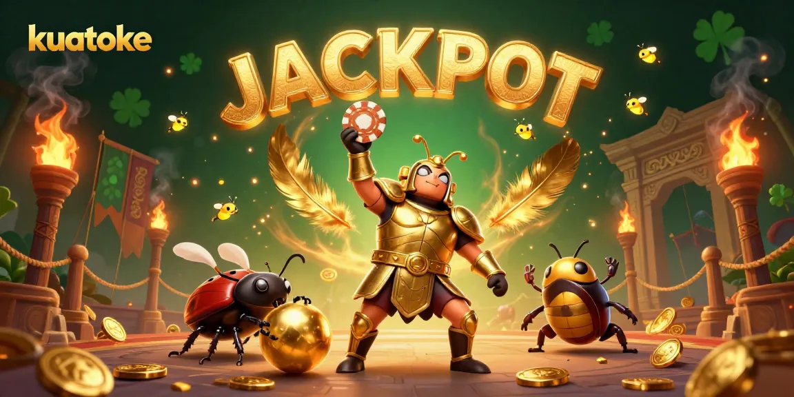 kuatoke showcases a beetle hero celebrating a big win in a vibrant casino setting.