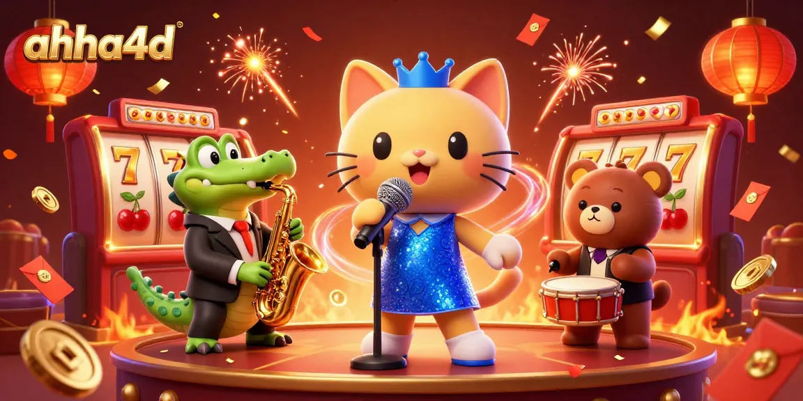 Engage with ahha4d's vibrant casino experience featuring lively characters, slot reels, and festive decorations.