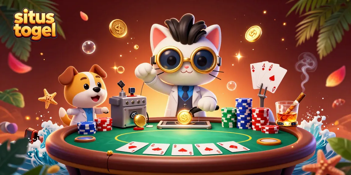 Ilustrasi situs togel yang menggambarkan kucing ilmuwan gila dan anjing lab asisten di kasino dengan banyak chip poker.
