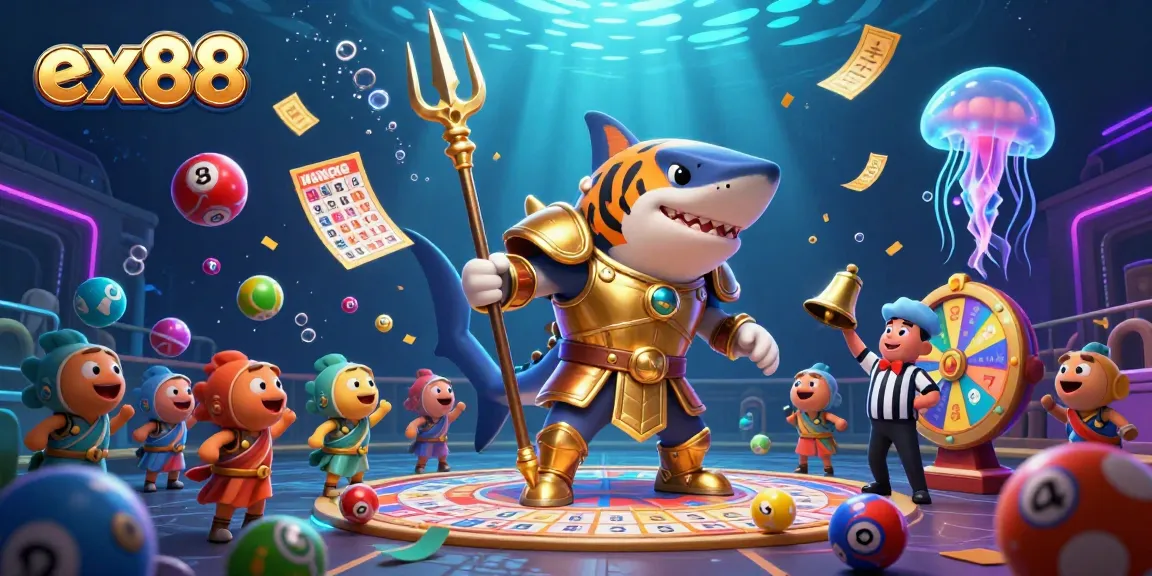 Engage in thrilling action at ex88 with a dynamic underwater casino scene featuring a heroic tiger shark and exciting gaming elements.