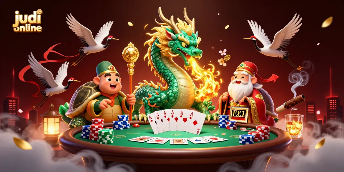 Join the judi online experience with a vibrant dragon and lucky symbols enhancing the gaming atmosphere.