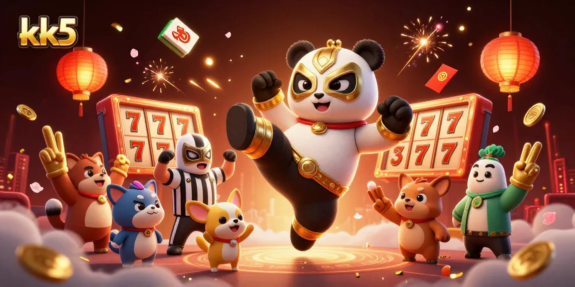 kk5 showcases a vibrant casino scene with a wrestling panda, as spectators cheer with foam fingers.