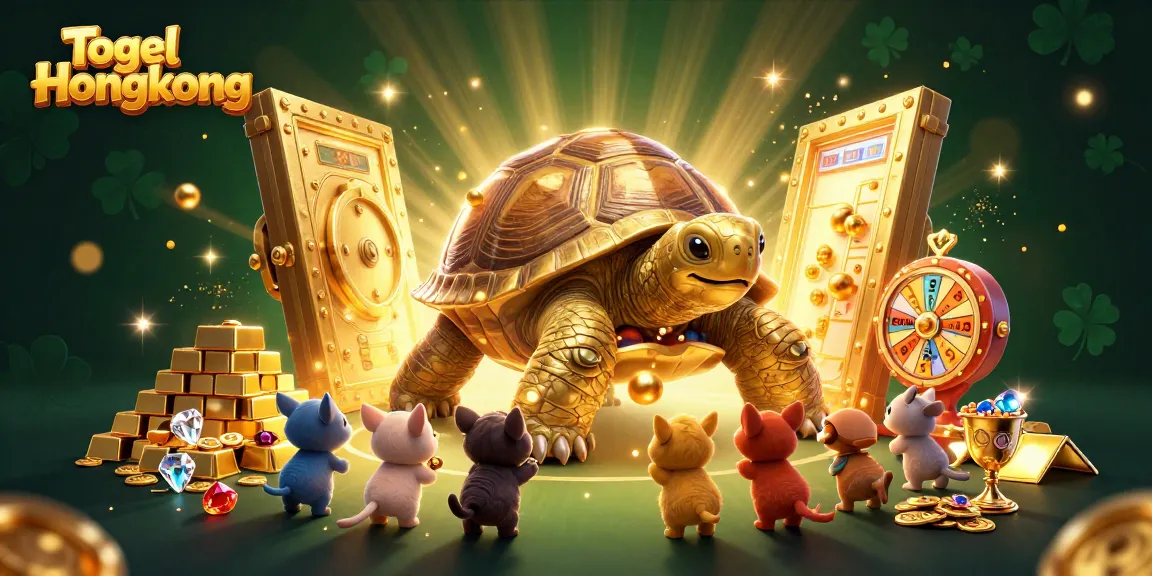 Togel Hongkong lively scene featuring a giant golden tortoise lottery machine with excited animals, gleaming treasures, and a dynamic atmosphere.