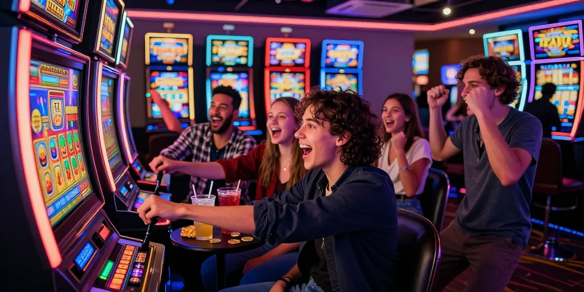 Friends enjoying Tunas4D gaming experience at a vibrant casino slot machine, capturing excitement and engagement.