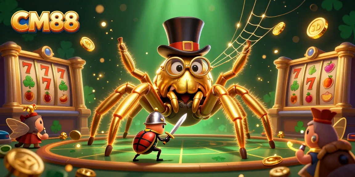 Experience CM88 with a vibrant 3D scene of a golden tarantula and knight in a casino setting.