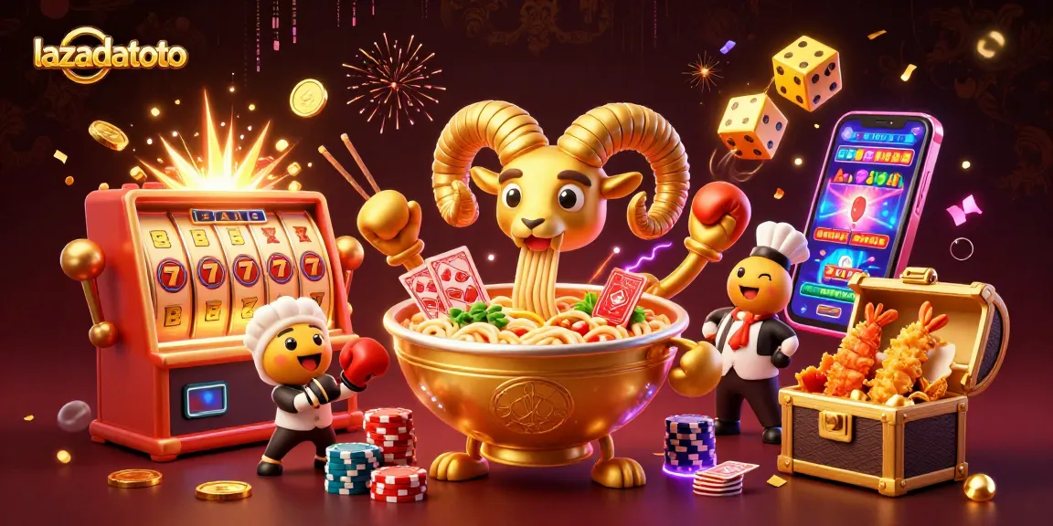 Gambarkan aksi permainan di lazadatoto dengan karakter kartun 3D yang menampilkan mangkok ramen raksasa dan simbol mesin slot.