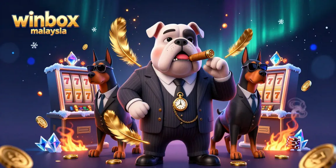 Experience the excitement of winbox malaysia with a thrilling casino scene featuring a mafia bulldog and bodyguards.