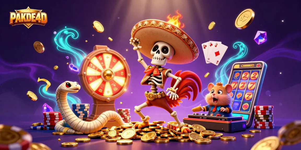 Experience the excitement of PAKDE4D with dynamic lottery illustrations featuring lively characters and vibrant casino elements.