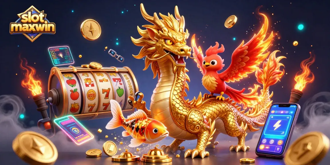 Experience win excitement with slot maxwin, featuring a golden dragon and lucky symbols in a vibrant casino scene.