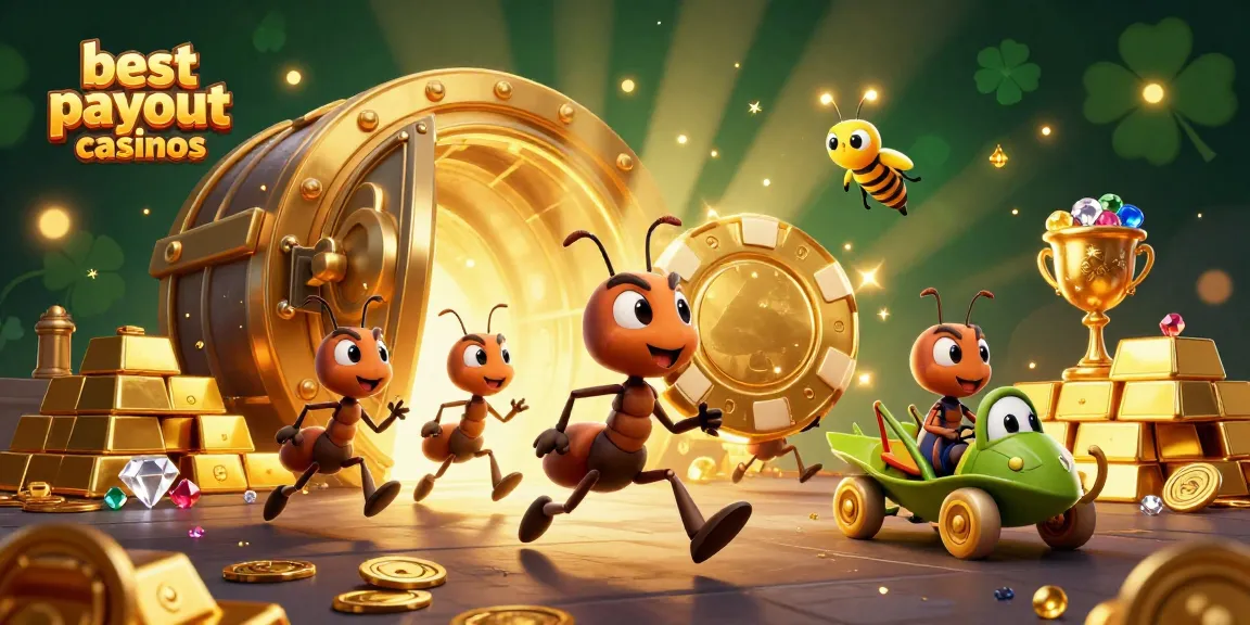 Engaging scene depicting the best payout casinos with ants carrying a giant poker chip in a treasure tunnel.