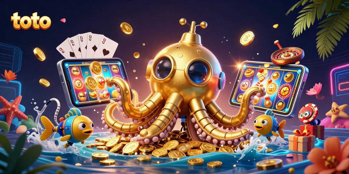 Engage with toto slots as a golden kraken submarine surfaces among coins in a vibrant 3D scene.