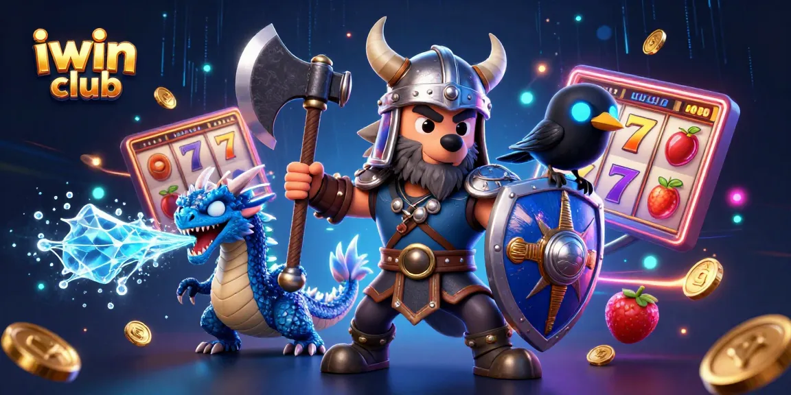 Experience excitement at iwin club with a Viking warrior, dragon, and slot games in action.