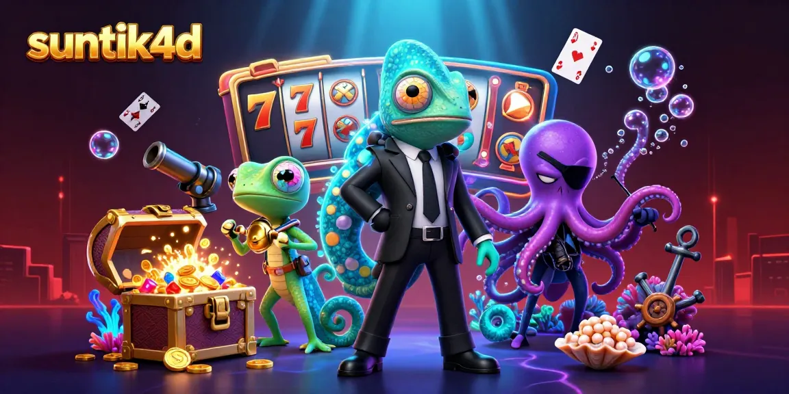 SUNTIK4D menampilkan agen rahasia chameleon dan teman gecko dalam ilustrasi kasino menarik.