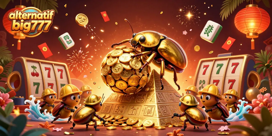 Immerse in the excitement of alternatif big777 with golden beetles, slots, and festive symbols.