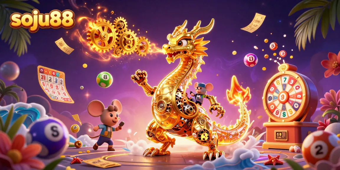 Experience excitement with soju88 as a golden dragon breathes gears among dynamic lottery balls and confetti tickets.