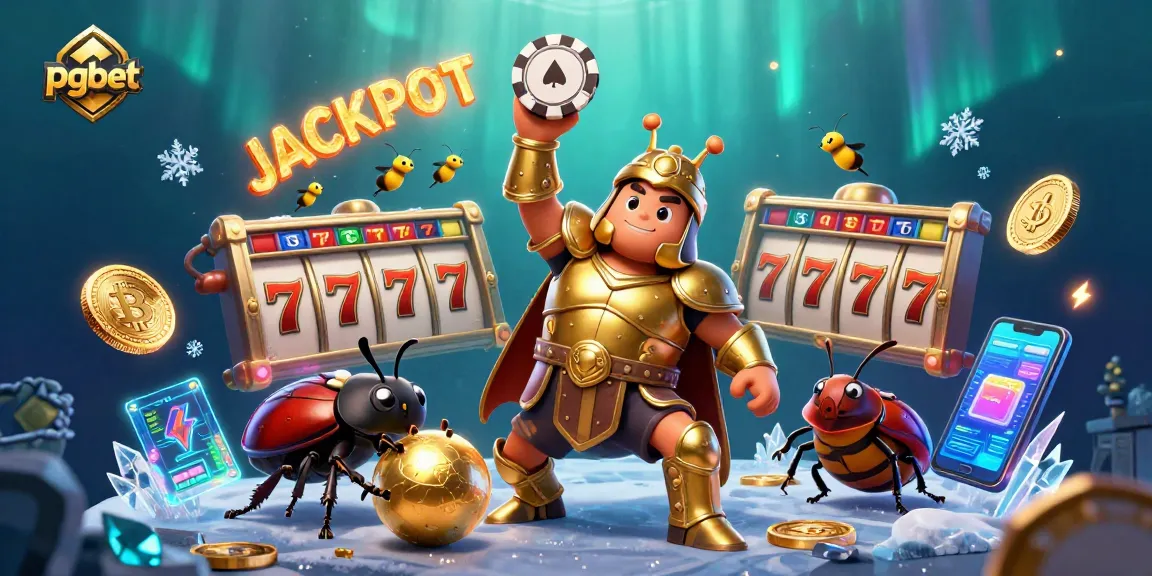 Menangkan jackpot dengan pgbet, ilustrasi 3D kumbang pahlawan dan keberuntungan dalam kasino.