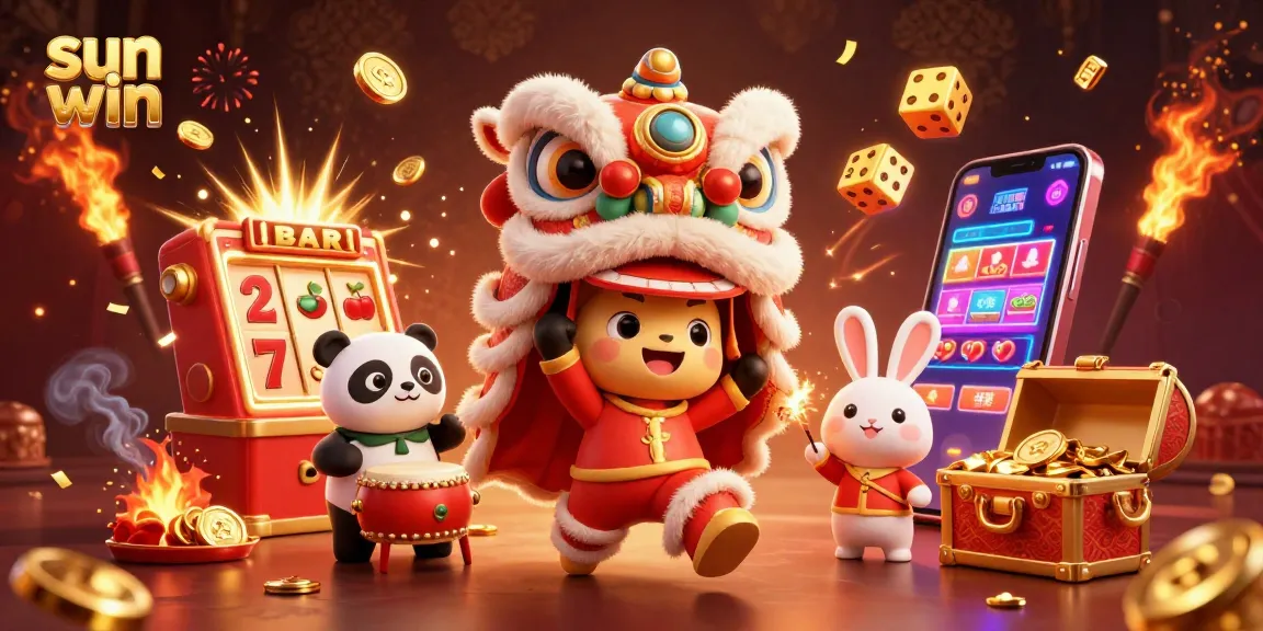 Experience the thrill of sun win with a vibrant 3D illustration of a lively casino atmosphere, featuring an explosion of gold and playful characters.