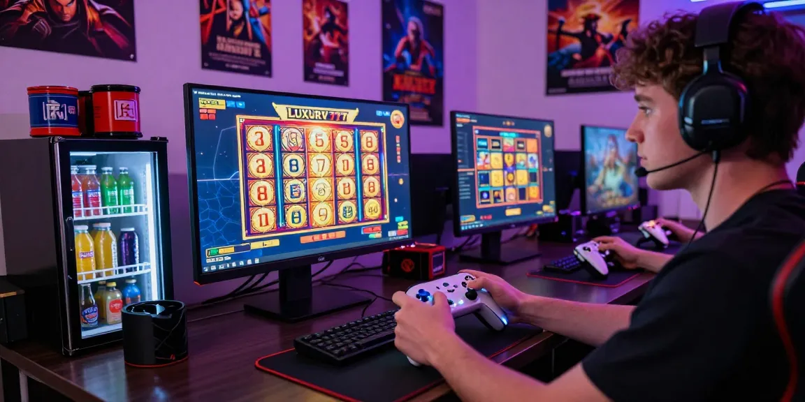 Permainan slot online LUXURY777 dengan gamer fokus dan layar penuh grafis cerah