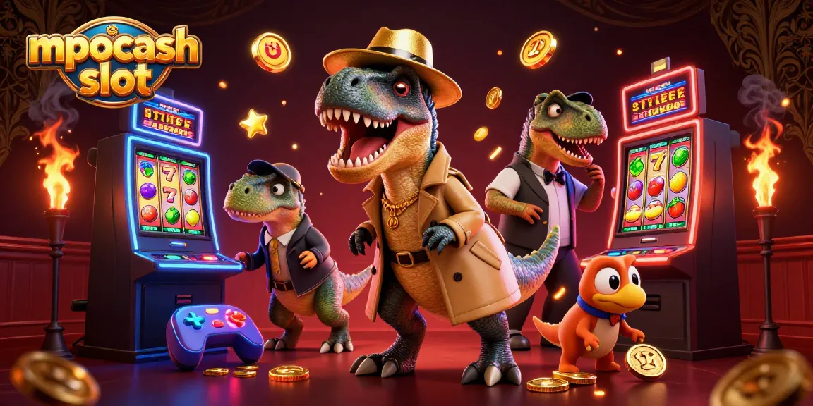 Spin the reels at mpocash slot with a cartoon velociraptor card counter and vibrant casino elements in action.
