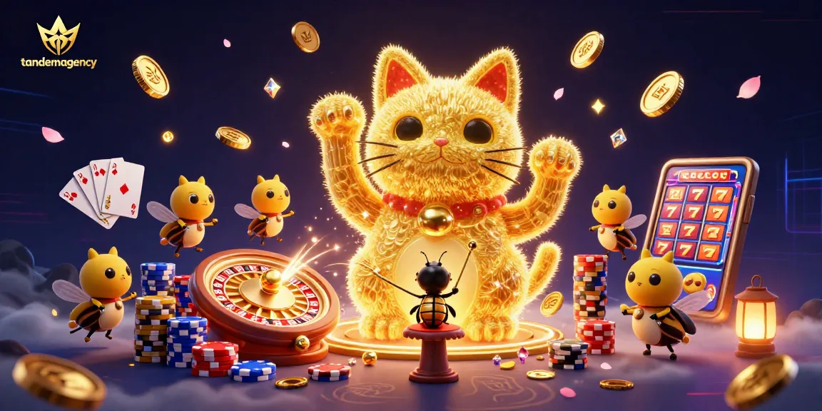 Illuminate winning experiences with tandemagency's golden firefly lucky cat illustration in a vibrant casino scene.