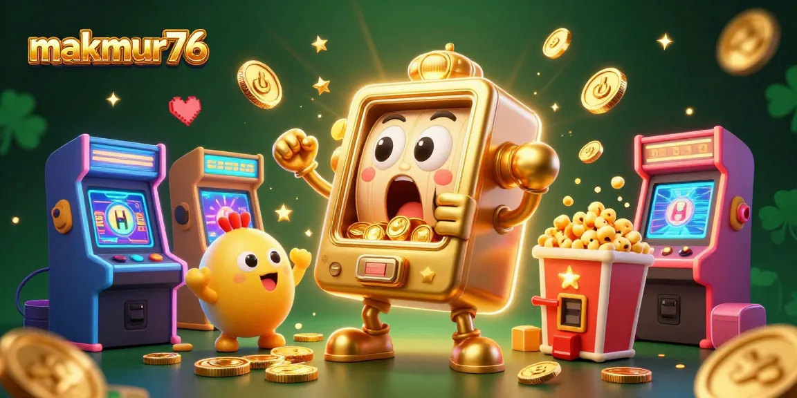 Experience the excitement at makmur76 with a winning golden slot machine jackpot illustration packed with fun gaming elements.