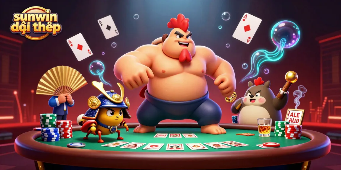 sunwin đổi thưởng showcases a dynamic 3D illustration with poker elements and vibrant characters.