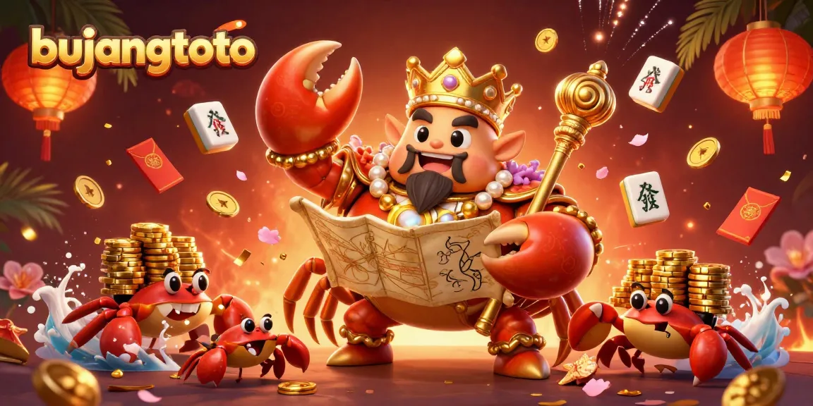 Bujangtoto hadir dengan ilustrasi 3D kucing kepiting emas besar, memegang peta harta, dan kerumunan elemen judi menggembirakan.