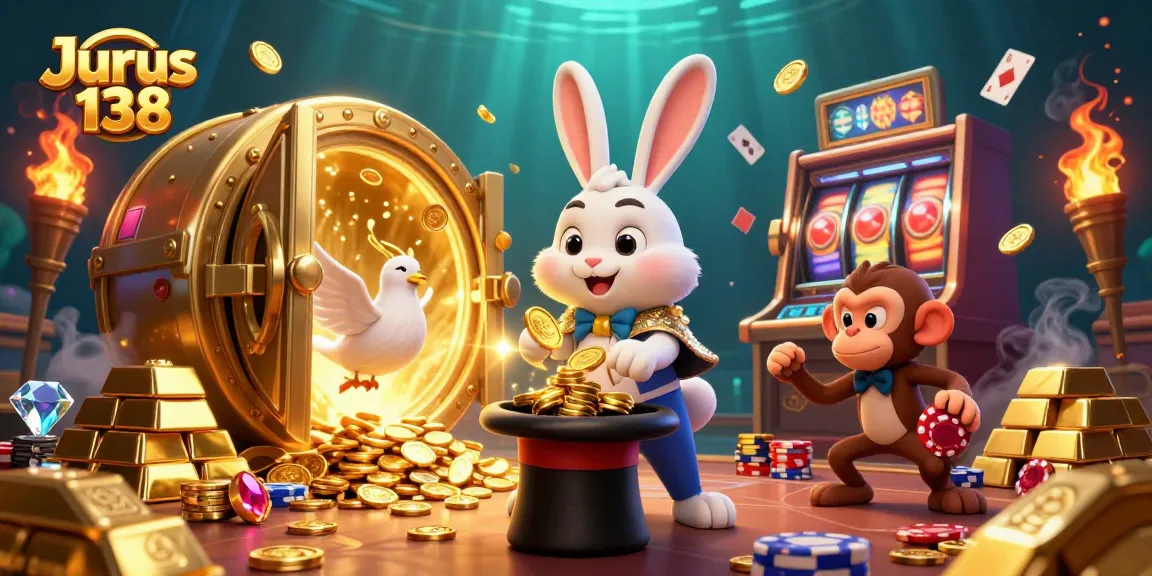 Join the fun at Jurus 138 with a magical scene of casino excitement featuring animated characters and sparkling gems.