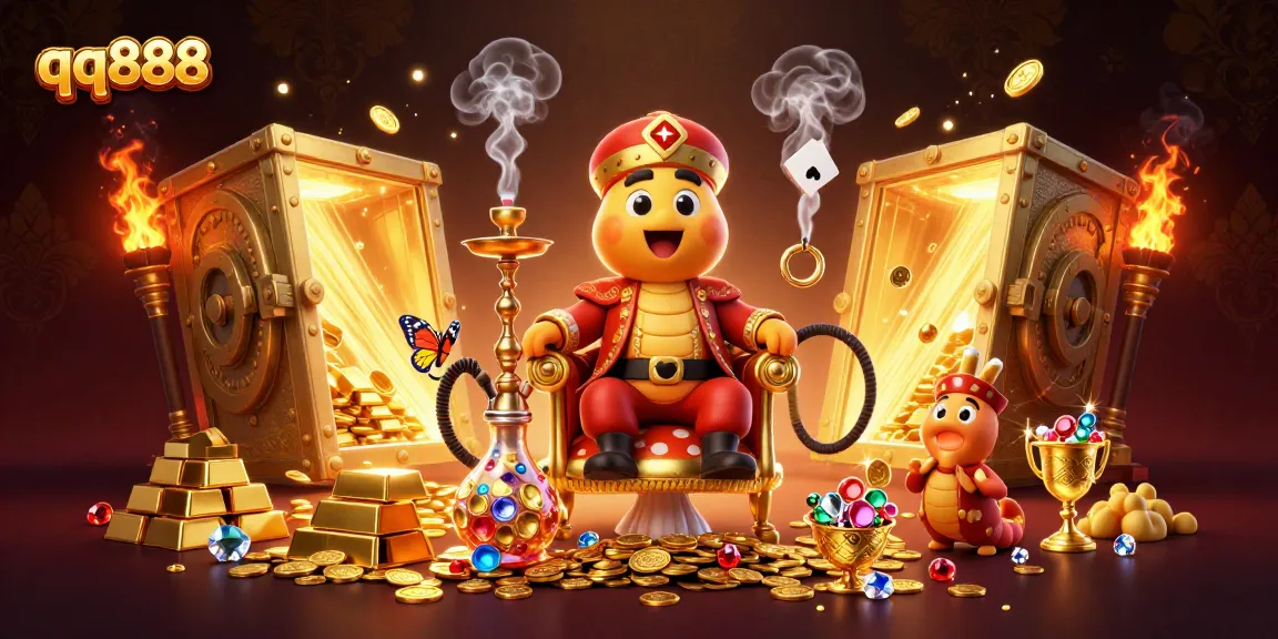 Experience thrilling qq888 gameplay with a dynamic scene of rich gambling elements and characters.