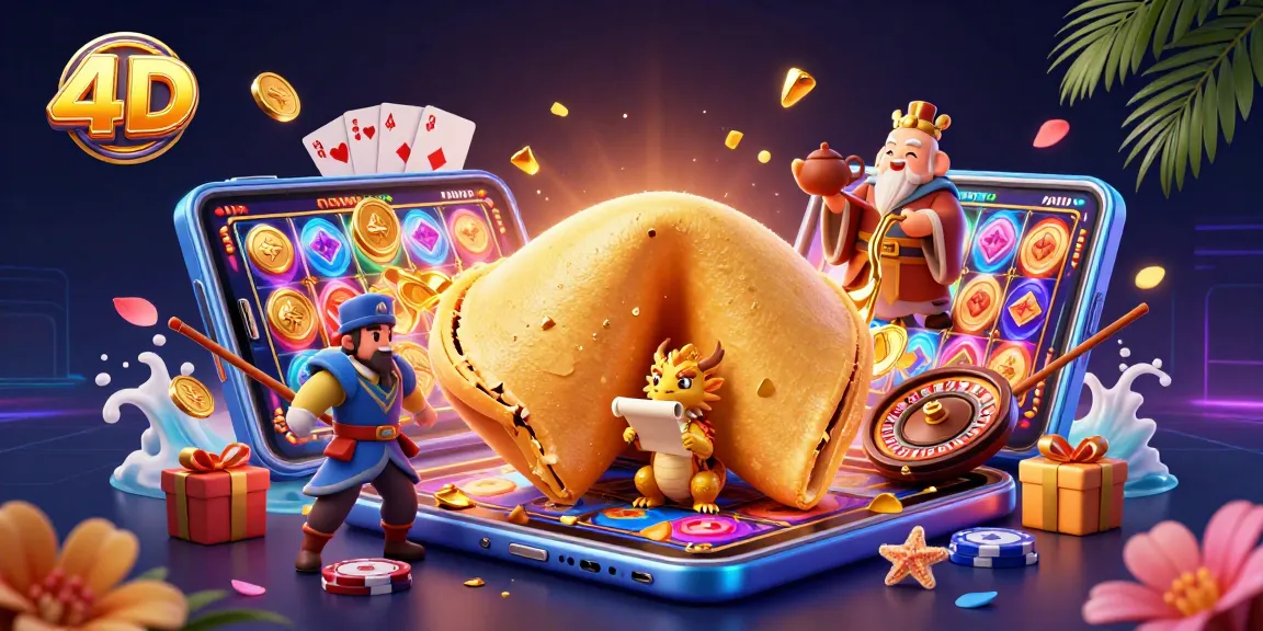 A dynamic 4D-themed casino scene with cartoon characters surrounded by vibrant slot elements and golden treasures.