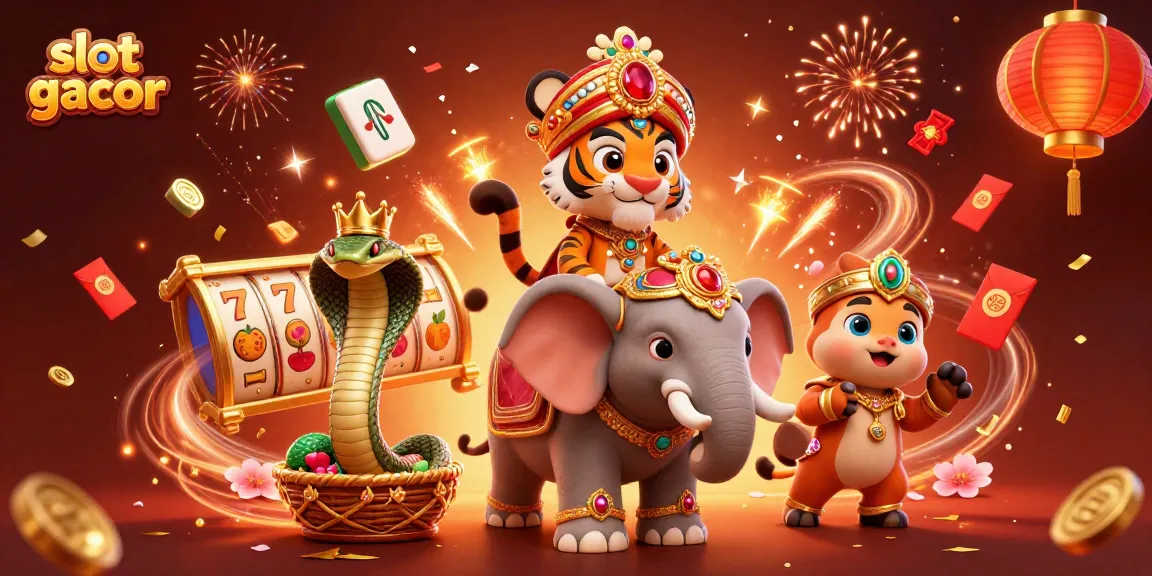 Menampilkan slot gacor dengan maharaja macan berpakaian turban ornamen, gajah permata, dan ular bermahkota saat bermain judi.