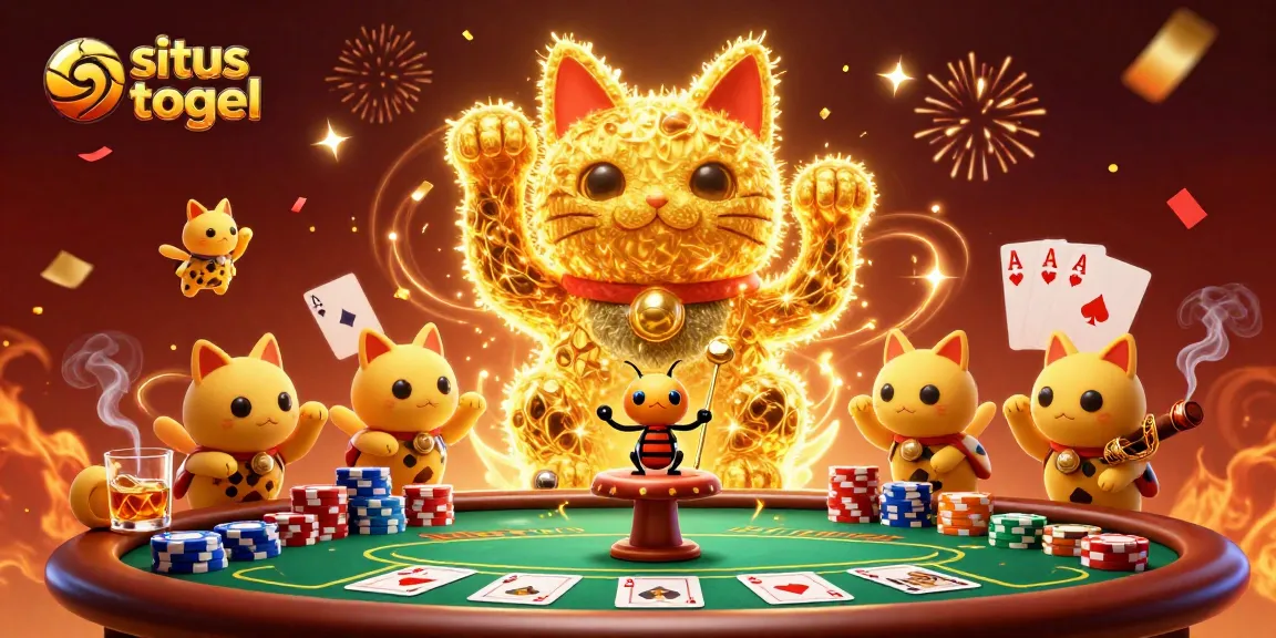 Visualisasi situs togel dengan simbol kasino dan kucing keberuntungan yang ceria.